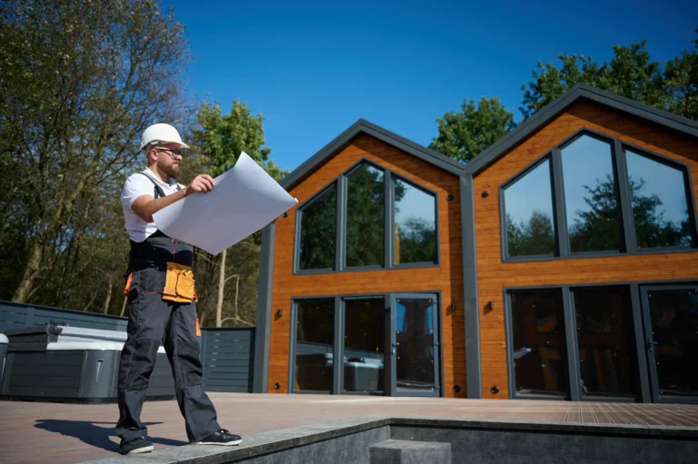 bearded-architect-wearing-hardhat-holding-project-blueprints-paper-plans-standing-near-new-houses