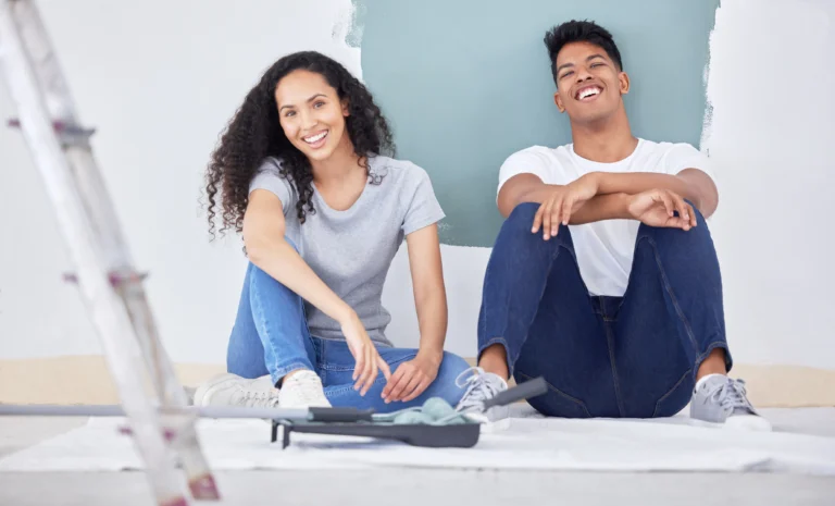 portrait-couple-paint-wall-house-apartment-interior-design-renovation-project-upgrade-man-woman-together-diy-home-improvement-remodeling-maintenance-property